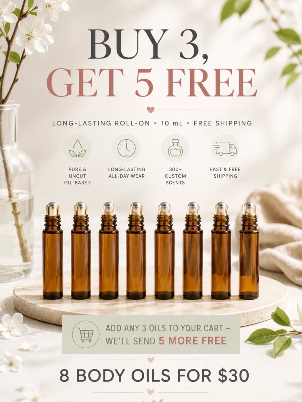 8 BODY OILS FOR THE PRICE OF 3 - Long-Lasting Roll-On 10 mL - FREE SHIPPING